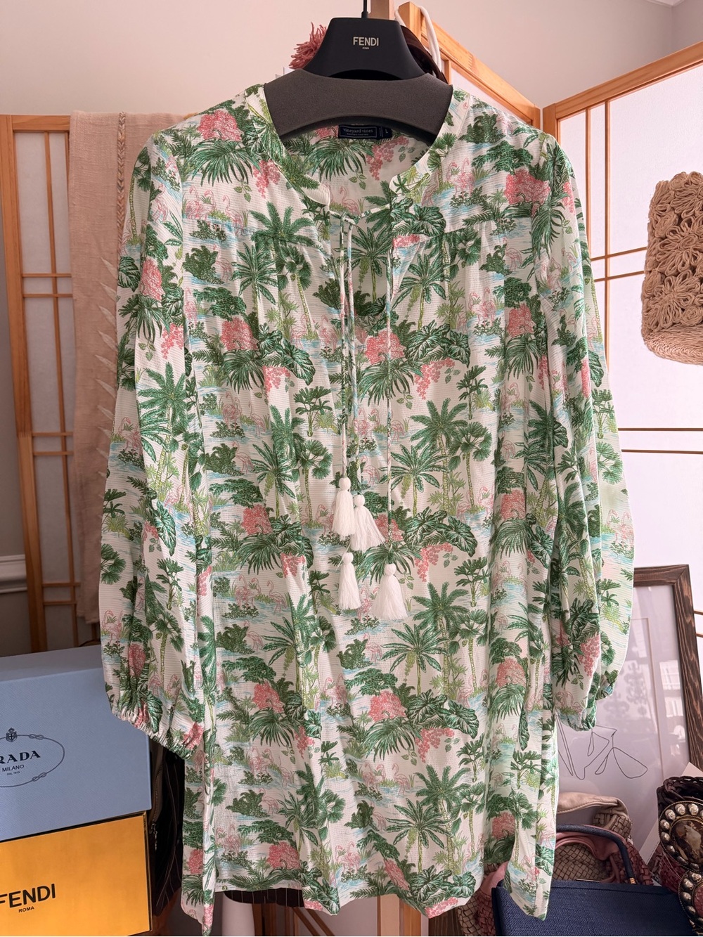 Vineyard Vines Tropical Flamingo Palm Print Tunic Blouse Size L